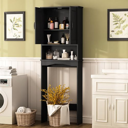 ROOMTEC Over The Toilet Storage Cabinet with Adjustable Shelf and Double Doors, Freestanding Bathroom Cabinet Organizer with Open Shelf, Home Space-Saving Toilet Rack for Restroom, Laundry, Black