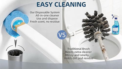 Disposable Toilet Brush with 48 Refills Holder Wall Mount Scrub kit | Built-in cleaner, Ergonomic wand, Long handle, No wash,Click-discard, 2x Adhesive Sheet - color: 1 Wand+48 Refills