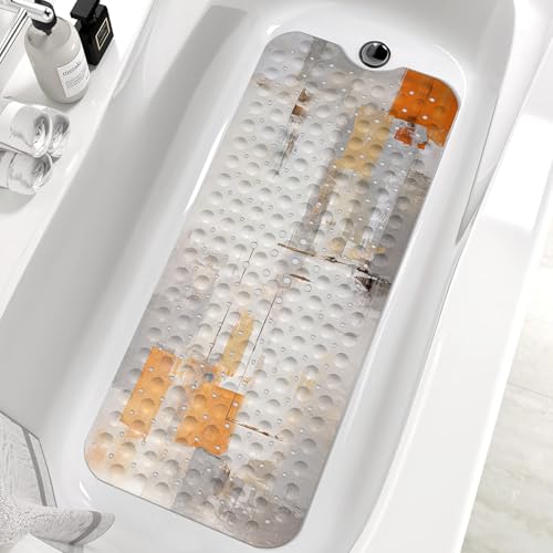 Bath Tub Mat Non Slip, Abstract Non Slip Bath Mat for Shower, Large Washable Shower mats for Showers with Drain Holes and Suction Cups,40 X 16 Inch (Orange Grey Watercolor) - color: Orange Grey Watercolor