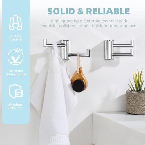 Angle Simple Towel Hook, Swivel Hand Towel Holder, Polished Chrome, 2 Pack | SUS304 Stainless Steel Robe Coat Hooks, Move from Side to Side, Fold to the Wall, for Bathroom Kitchen Closet, Screws Mount - color: Polished Chrome, size: 2 Pack