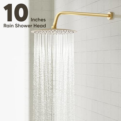 Gabrylly Gold Shower Head System, Shower Faucet Set with Pressure Balance Shower Valve, 10 Inch Shower Heads with 5-Setting handheld Spray Combo, High Pressure Shower Fixtures, Brushed Gold - color: Brushed Gold, style: 10 Inches-Without Tub Spout