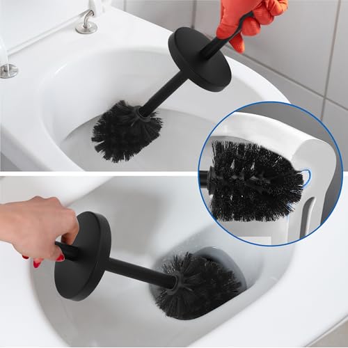 Heavy Duty Stainless Steel Toilet Brush Set with Holder(2 Brush Heads) – Rustproof Toilet Bowl Brush, Compact Cylinder Base, Extra Long Handle for Deep Cleaning, Black - color: Black