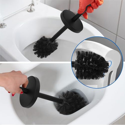 Heavy Duty Stainless Steel Toilet Brush Set with Holder(2 Brush Heads) – Rustproof Toilet Bowl Brush, Compact Cylinder Base, Extra Long Handle for Deep Cleaning, Black - color: Black