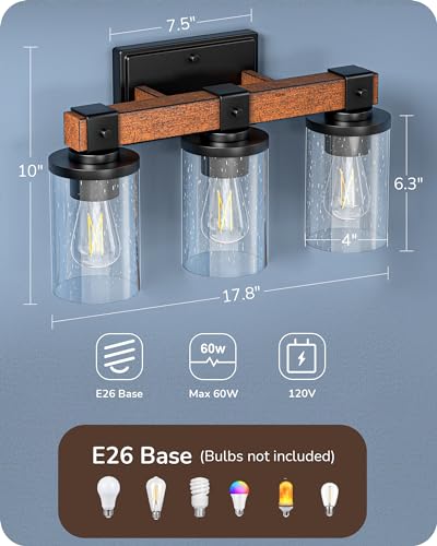 EDISHINE 3-Light Painted Wood Farmhouse Vanity Light, Bubble Glass Shade | Up & Down Reversible Mounting, E26 Base, Industrial Farmhouse Design, Wall Sconces Lamp for Bedroom, Powder Room - size: 3-Light with Bubble Glass Shade