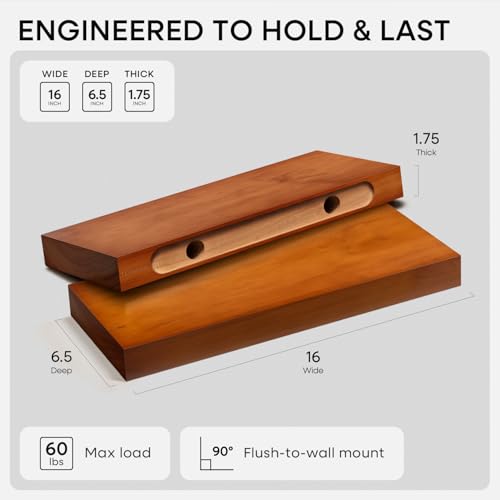 16 inch Oak Floating Shelf, High End Solid Real Wood 16inch Small Floating Shelves for Wall Mounted, Honey Oak Wooden 16in Floating Shelves, Heavy Duty Bracket, 16 X 6.5 X 1.75 in, Set of 2 - color: Honey Oak - Warm Amber Tone, size: 16 inch