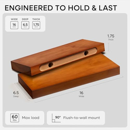 16 inch Oak Floating Shelf, High End Solid Real Wood 16inch Small Floating Shelves for Wall Mounted, Honey Oak Wooden 16in Floating Shelves, Heavy Duty Bracket, 16 X 6.5 X 1.75 in, Set of 2 - color: Honey Oak - Warm Amber Tone, size: 16 inch