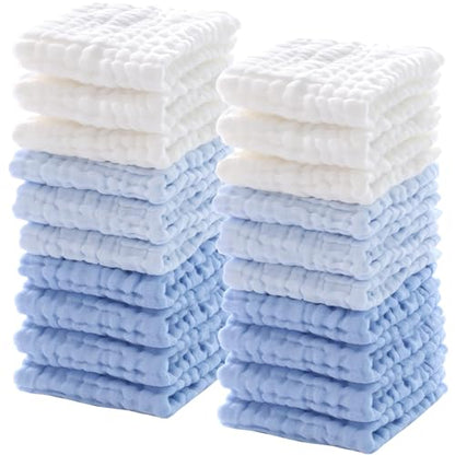 20 Pcs Baby Muslin Washcloth 12 x 12 Inch 100% Cotton Soft and Absorbent Muslin Washcloth Burp Cloth Wipe Newborn Face Towel for Baby Boy Girl Sensitive Skin(White, Light Blue, Blue) - color: White, Light Blue, Blue