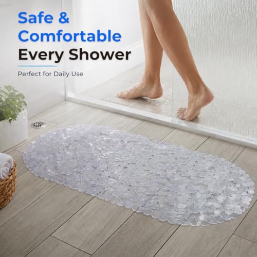 Bath Bliss Non-Slip Pebble Bathtub Mat 18x36 Oval Clear Color | Suction Cup Shower Mat with Drain Holes | Machine Washable Anti-Slip Tub Mat - color: Clear