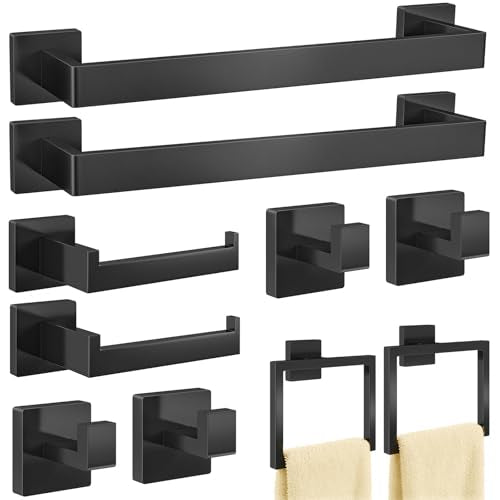 Bathroom Hardware Accessories Set, 10 Piece Towel Bar Set, Matte Black | Black Bathroom Hardware Set Stainless Steel, Towel Racks for Bathroom Wall Mounted Towel Holder Set,16 inch - size: 16 Inch