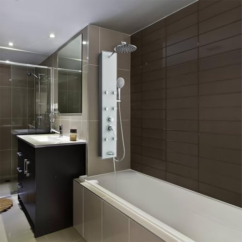 ROVOGO Glass Shower Panel Tower System With Adjustable Shower Head, White | Stainless Rain Shower Head, 5-Setting Handheld, 6 Body Jets, Tub Spout, Shower Column With Brass Mixing Valves, 47-1/5 Inch - color: White Glass Panel