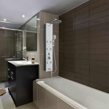 ROVOGO Glass Shower Panel Tower System With Adjustable Shower Head, White | Stainless Rain Shower Head, 5-Setting Handheld, 6 Body Jets, Tub Spout, Shower Column With Brass Mixing Valves, 47-1/5 Inch - color: White Glass Panel