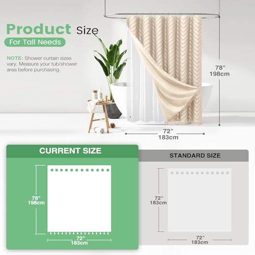 Boho Shower Curtain and Liner Set, Tufted Chevron Textured Tassel Shower Curtains for Bathroom and Waterproof Liner with Hook, 72" W x 78" L (Pack of 1), Beige 1 - color: Beige, size: 72"W x 78"L (Pack of 1)