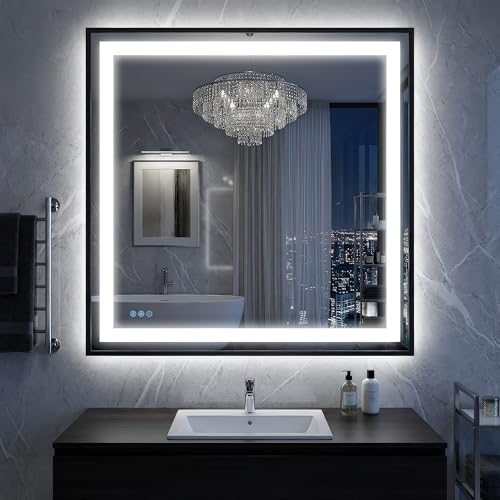 Antok 36X36 LED Bathroom Mirror with Lights, Vanity Mirror for Wall with Black Frame, Touch Control, Anti-Fog, Dimmable Lights, Shatter-Proof, Memory Function, Wall-Mounted Vanity Mirrors - size: 36"L x 36"W