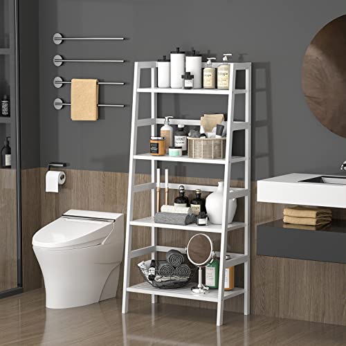 Bamboo Over The Toilet Storage and Ladder Shelf Bundle, White