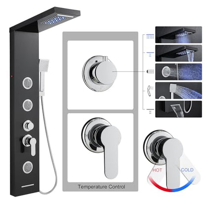 Multi-Function LED Lights Shower Panel System Black, 5 in 1 Shower Panel Include Rainfall & Waterfall Shower Head, 3 Pcs Adjustable Massage Jets, Handheld Shower, Tub Spout - color: Black - 2-in-1 Body Jets