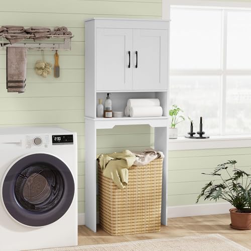 Giantex Over The Toilet Storage Cabinet, Double Door Space Saver Above Toilet with Adjustable Shelf & Open Storage Cube, Over Toilet Bathroom Organizer for Restroom, Laundry Room, White