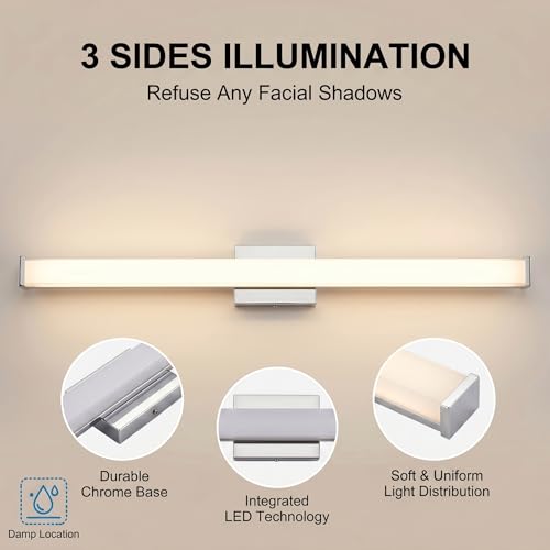 URSOLA 36" Modern LED Bathroom Light Fixtures, Chrome 3CCT Dimmable Bathroom Vanity Light Over Mirror, Bathroom Vanity Bath Bar Lights with Double Layer Acrylic Shade - color: Chrome, size: 36inch