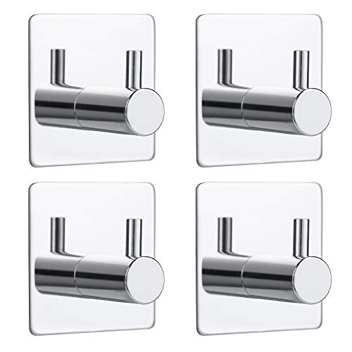 Bylion 4 Pack Adhesive Wall Hooks Chrome Hooks Bathroom Towel Hook | SUS 304 Stainless Steel, Heavy Duty Waterproof Hooks for Bathroom Kitchen Bedroom