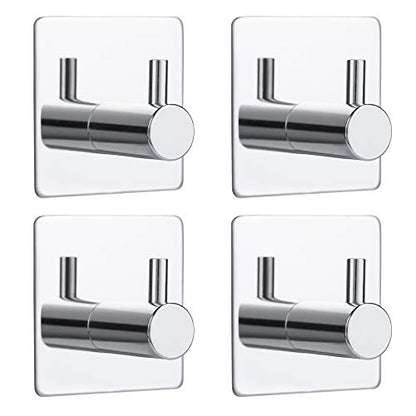 Bylion 4 Pack Adhesive Wall Hooks Chrome Hooks Bathroom Towel Hook | SUS 304 Stainless Steel, Heavy Duty Waterproof Hooks for Bathroom Kitchen Bedroom