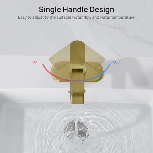 Bathroom Faucet 1 Hole with Metal Pop-up Drain - Brushed Gold | Single Handle Bathroom Sink Faucet with Supply Lines and Deck, Modern Waterfall Bathroom Faucets, G-7001BG - color: Gold