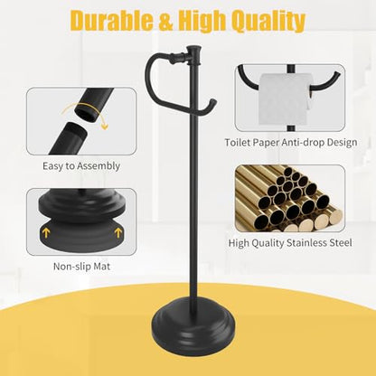 Toilet Paper Holder Floor Stand, Bathroom Freestanding Black | Toilet Tissue Roll Holder, Free Standing Rack with Storage, Weighted Base Accessories, SUS304 Stainless Steel Rustproof - color: Black