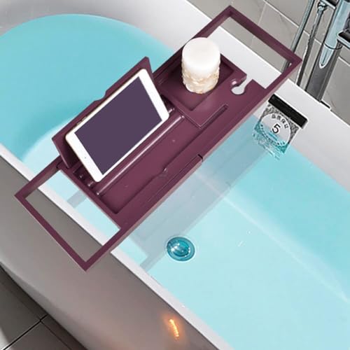 JEOZBM Bath Tray, Bamboo Bath Table Tray, Retractable Bathtub Shelf,Bathtub Caddy Tray, Expandable Bathroom Accessories for Wine, Phone, Book(90CM-Burgundy) - color: Burgundy