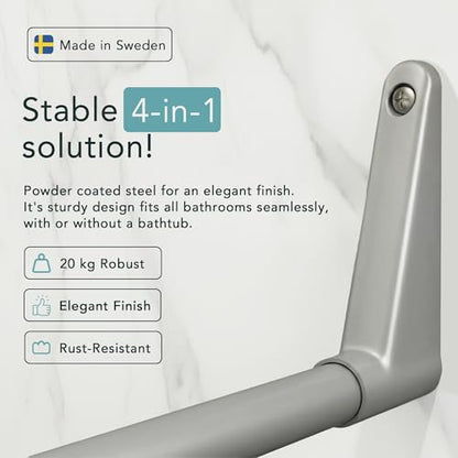 Erica Adjustable U-Shaped Shower Curtain Rod for Bathtubs - Grey | Size - 27x65x27 cm, Wall Mounted Shower Pole, No Need to Fix to the Ceiling, Curved Shower Rail, Grey Powder Coated Steel - color: Glossy Grey, size: 4 in 1 L & U shape (27,5 x 65 x 27,5 I