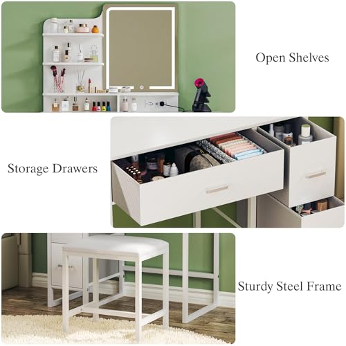 ALEXNUTRE Makeup Vanity Desk with Mirror and Lights, 36.6" Small Makeup Vanity with 4 Fabric Storage Drawer & Chair & Shelves, White Vanity with Fold-up Panel and Power Outlet for Bedroom - style: Milk White