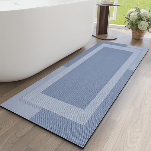 Non Slip Bath Mat Long Ultra Thin Bathroom Rugs Runner Fit Under Door | Quick Dry Absorbent Washable Rubber Backing Bath Rug Shower Bathroom Floor Mat for Sink Bathtub Shower Entrance Blue 17"x59" - color: A- Blue, size: 17” x 59“