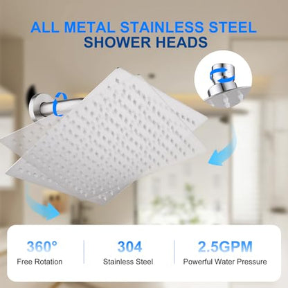8 Inch Round Rainfall Shower Head, Stainless Steel Low Pressure Shower Head Brushed Nickel Finish, Smooth Consistent Water Flow, Fixed Showerhead Wall Mounted with Self-Cleaning Nozzles