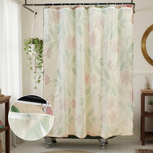 Pink Tulip Floral Linen Shower Curtain Set with Liner,72" Wx72 L | Double Layer Shower Curtain Waterproof Fabric with Zippered Removable PEVA Liner,Boho Shower Curtain for Bathroom,Free Hooks - color: Pink Tulip