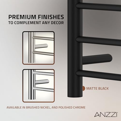ANZZI Eve Modern 8-Bar Wall Mounted Towel Warmer with Top Shelf in Matt Black, Energy Efficient 93W Electric Plug in Heated Towel Rack, Towel Heater Rail with On/Off Switch, TW-AZ012MBK - color: Matte Black