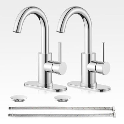 Bathroom Sink Faucet Set with Pop Up Drain and 2 Supply Hoses, Bathroom Faucets 1 or 3 Hole Sink Single Handle, Modern 360° Swivel Small Mini Kitchen Faucet, Chrome - color: 3.Chrome Polished