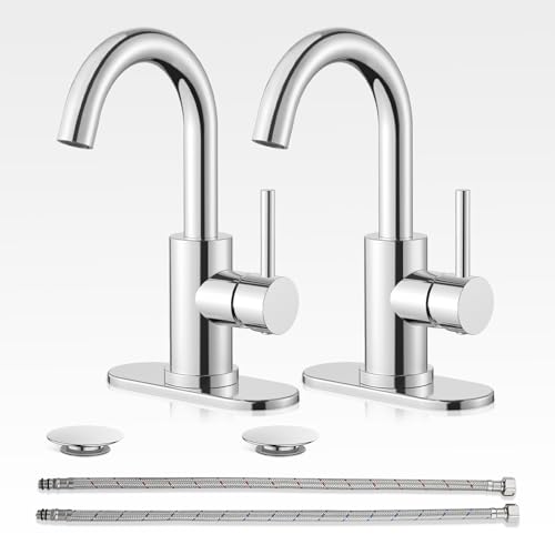 Bathroom Sink Faucet Set with Pop Up Drain and 2 Supply Hoses, Bathroom Faucets 1 or 3 Hole Sink Single Handle, Modern 360° Swivel Small Mini Kitchen Faucet, Chrome - color: 3.Chrome Polished, style: 2 PCS
