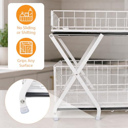 Under Sink Organizer, Adjustable Height (12.6"-15.4") Under Cabinet Storage, 2 Tier Pull Out Sliding Drawers, Foldable Under Sink Storage Rack, for Bathroom & Kitchen, White, 1 Pack