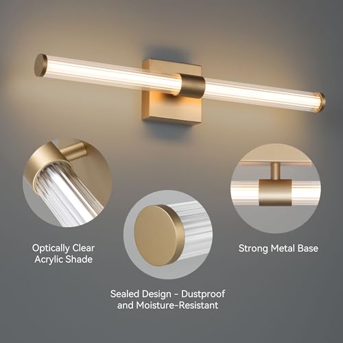 Tubicen Gold LED Vanity Light Linear Vertical Wall Sconce Dimmable 25in | 360° Full Lighting, 12W Vanity Light Bar Modern Slim Wall Light Fixture for Living Room Bathroom Bedroom, Warm White - color: Gold