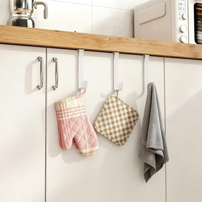 Over the Door Hooks, Curved Design Locks Wider & Longer, White | 4 Pack Door Hanger for 1.46" Thick Door with Sponge Mat, Door Hooks Organizer for Bathroom, Living Room, Kitchen