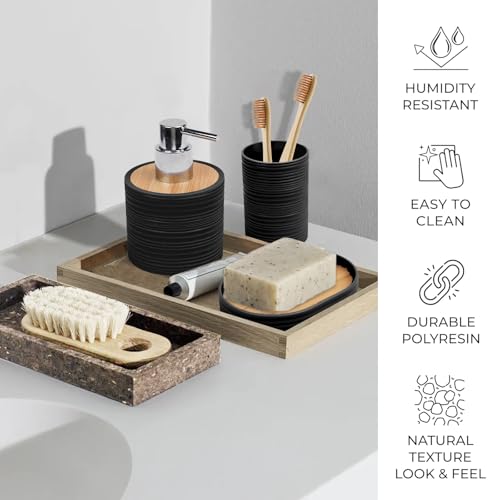 CERBIOR Bathroom Accessories Set Bath Ensemble Includes Soap Dispenser, Toothbrush Holder, Toothbrush Cup, Soap Dish for Decorative Countertop and Housewarming Gift (Black Spiricle) - style: Shiny Black