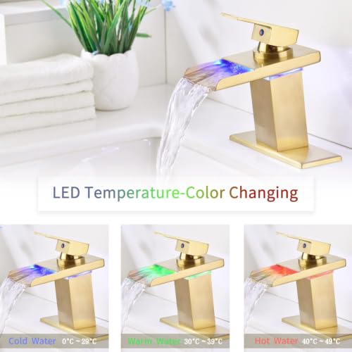 LED Waterfall Bathroom Faucet, Brushed Gold RV Bath Vanity Faucet for Sinks - 1 or 3 Hole Mount