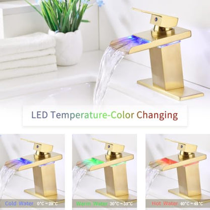 LED Waterfall Bathroom Faucet, Brushed Gold RV Bath Vanity Faucet for Sinks - 1 or 3 Hole Mount