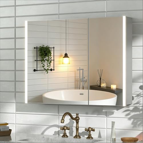 32 x 24 Medicine Cabinet with Lighted Mirror, Pre-Assembled Silver Medicine Cabinets Mirror with Storage for Bathroom, Surface/Recessed Wall Mounted Farmhouse Large Medicine Cabinet - color: Lighed -Silver, size: 32 x 24