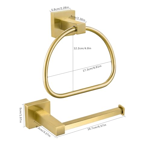 Leyden Gold Toilet Paper Holder Hand Towel Holder, Brushed Brass Toilet Roll Holder Towel Ring, Modern Bathroom Hardware Set Stainless Steel Wall Mounted 2 Pieces - color: Gold Square Bottom