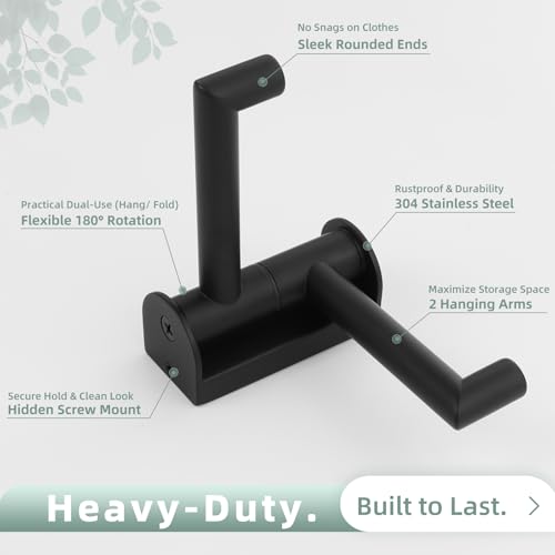 Aomasi Matte Black Rotating Double Towel Hooks 2 Pack, 304 Stainless Steel Swivel Wall Hooks with 2 Arms, Space Saving Towel Hangers for Bathroom Kitchen - color: Matte Black, size: 2 Pack