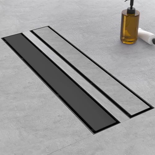 Linear Shower Drain - 28 Inch Matte Black, with Tile Insert Panels | AISI 304 Stainless Steel Shower Drain with Adjustable Feet, Hair Catcher, Rectangle Shower Floor Drain Fits Bathroom, Balcony - color: Matte Black, size: 28 Inch