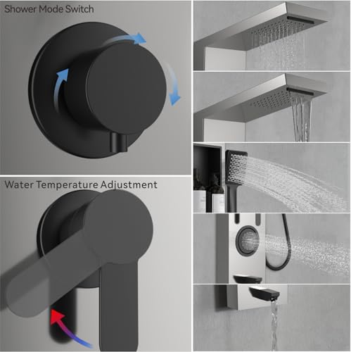 ELLO&ALLO Shower Panel System Tower with Shelf, Rainfall and Waterfall Head Rain Massage Stainless Steel Bathroom Fixtures with Adjustable Body Jets, Brushed&Black - color: Brushed&Black