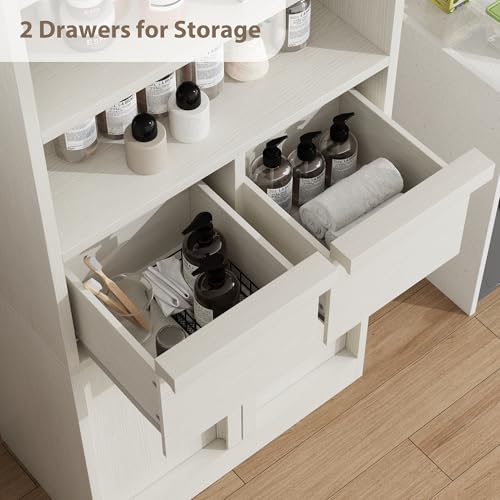 Garvee Tall Bathroom Cabinet, Floor Storage Cabinet with Doors & 2 Drawers, 51" H Tall Organizer Cabinet Freestanding for Bathroom, Living Room, Kitchen & Pantry (White)