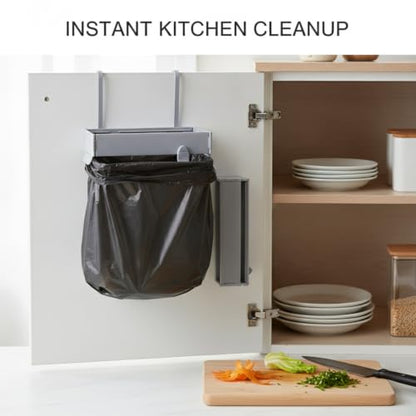 Foldable Wall-Mounted Trash Bag Holder for Cabinet Doors, Space-Saving PP Plastic Garbage Bin Rack for Kitchen & Bathroom Waste Disposal, Gray