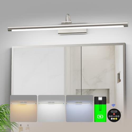 Rechargeable Wireless Bathroom Vanity Light Brushed Nickel 24 inch | 10000mAh Rechargeable Vanity Bathroom Light, with 1 Detachable Battery, Dimmable, Rotatable, 3CCT for Bathroom Mirror - color: Nickel, size: 1 Pack with Replaceable Battery