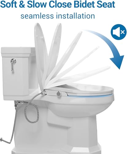 Elongated Bidet Toilet Seat Self Cleaning Dual Nozzles Toilet Seat with Soft Close Lid, Quiet-Close Design and Adjustable Water Spray, White Bidet Attachment Easy Installation
