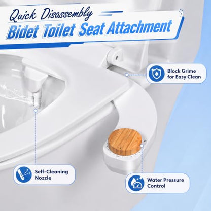 Ultra Slim Toilet Bidet Attachment, Dual Nozzle Front & Rear Wash, Adjustable Cold Water Pressure, Stainless Steel Inlet, Easy to Install Sanitary Toilet Cleansing Accessory